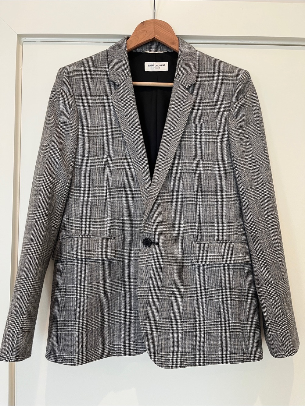 Saint Laurent Black & Gray Glen Plaid Single-Button Blazer